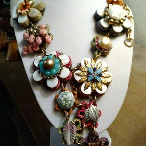 Lenora Dame Pink and Blue Floral Necklace with Vintage Charm